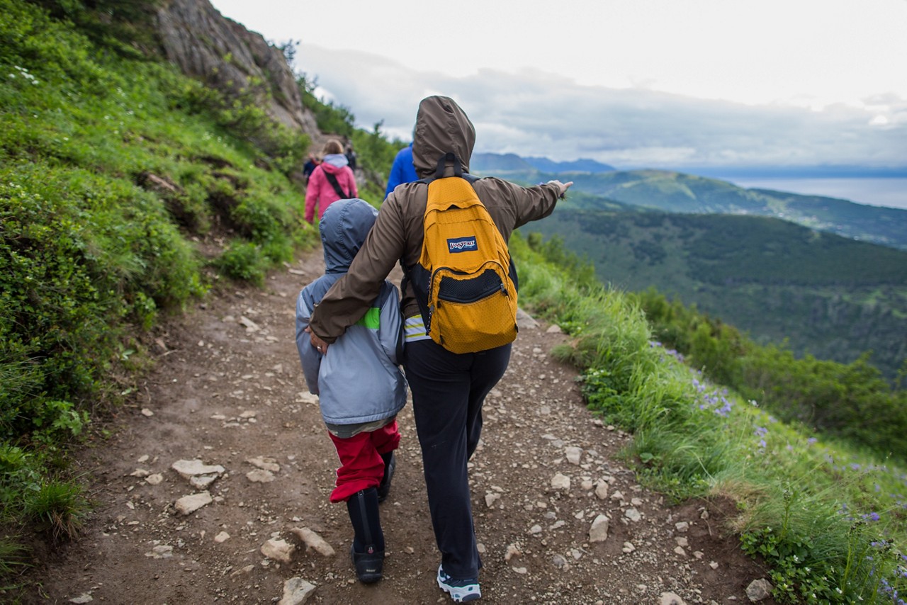 Walking along Alaskan trail.