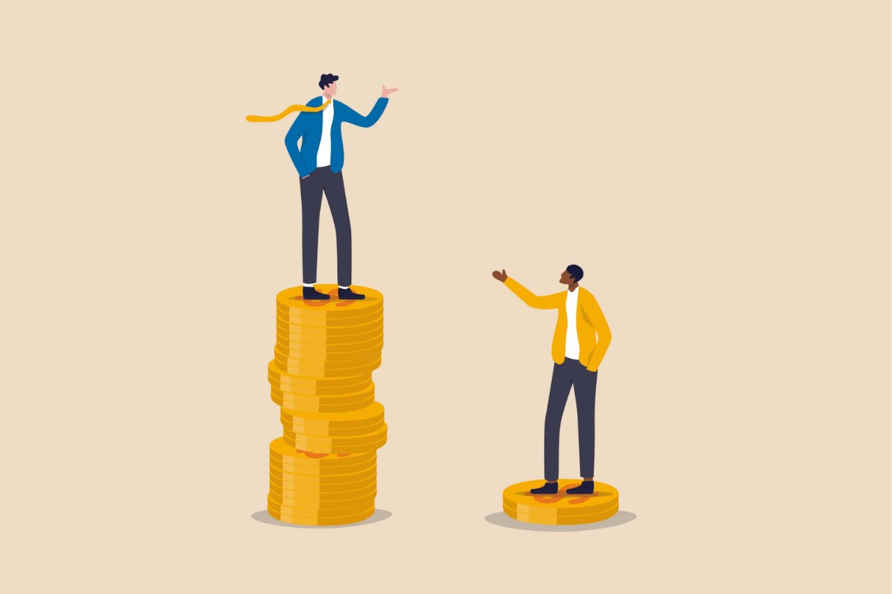Economic inequality, rich and poor gap, unfairness income, different money people being paid concept, white rich businessman standing on high salary coins tower with poor black man on low coins stack.