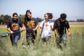 A group of students walk through a field.